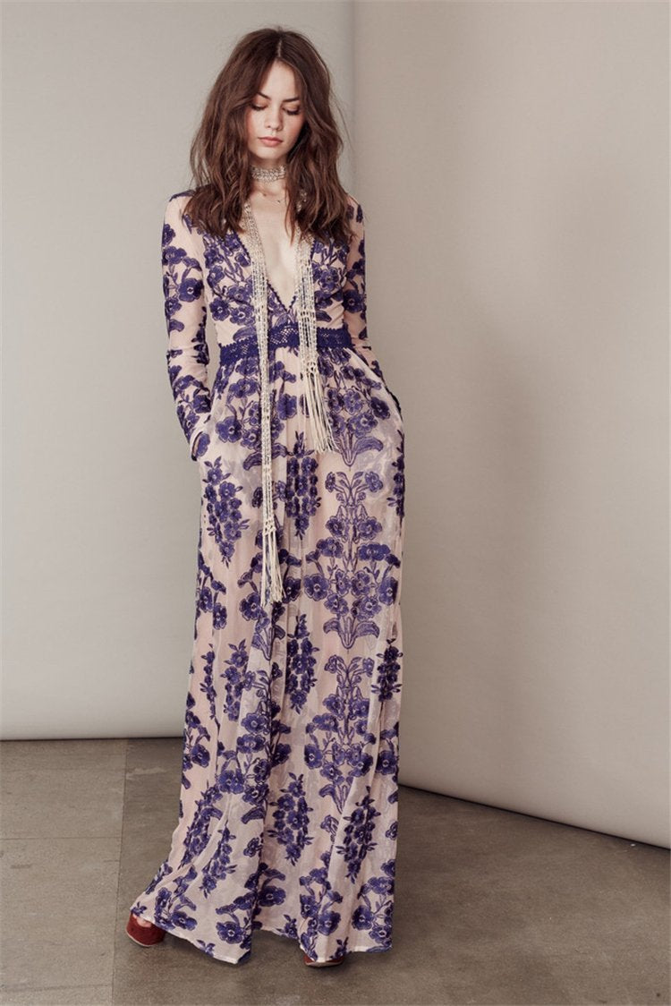 Blue Flower Heavy Work Embroidery Deep V-Neck Mesh Long Maxi Dress