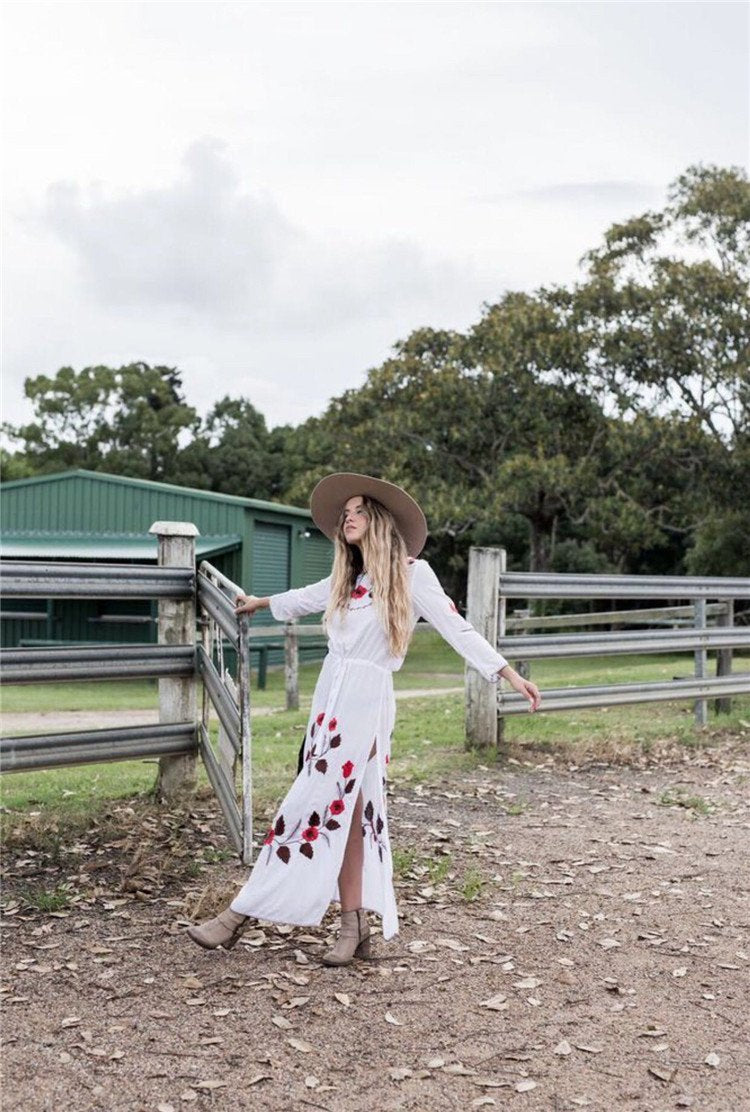 Floral Long Sleeve Split Beach Maxi Dress