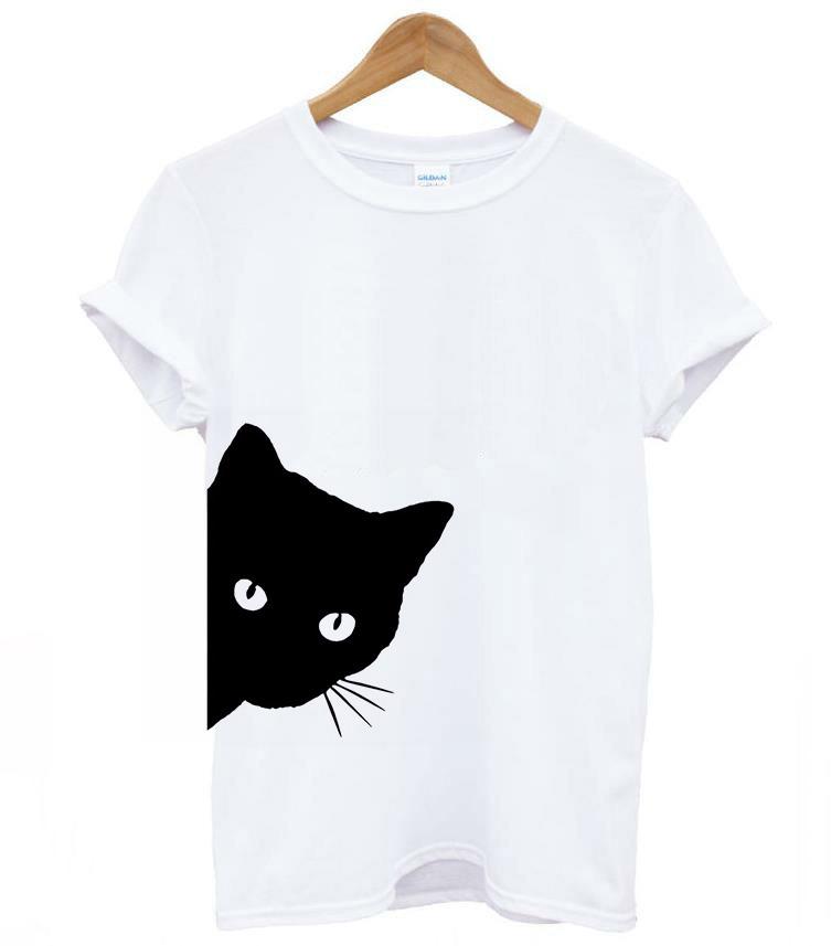 Cat Pattern Printed Crew Neck Slim Short Sleeve T-shirt