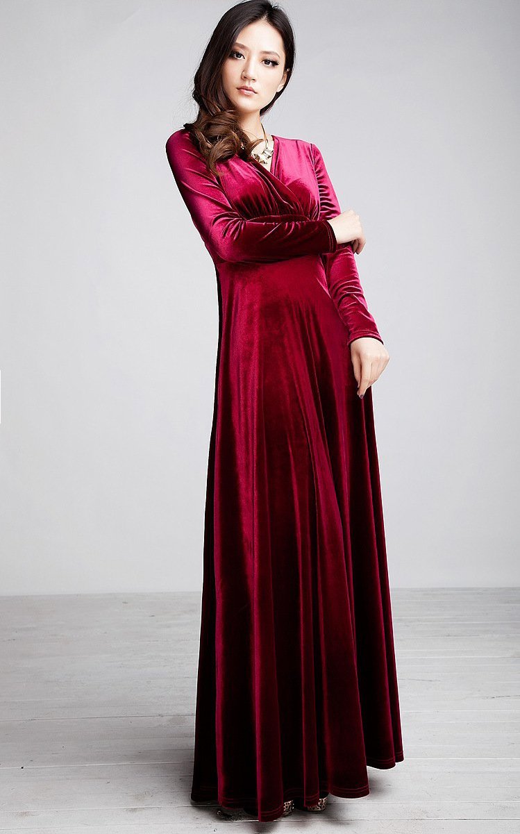 Velvet V Neck Long Sleeve High Waist Maxi Dress