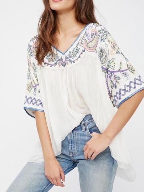 Popular Fashion Inwrought Floral-Print V Neck Half Sleeve T-Shirt Tops