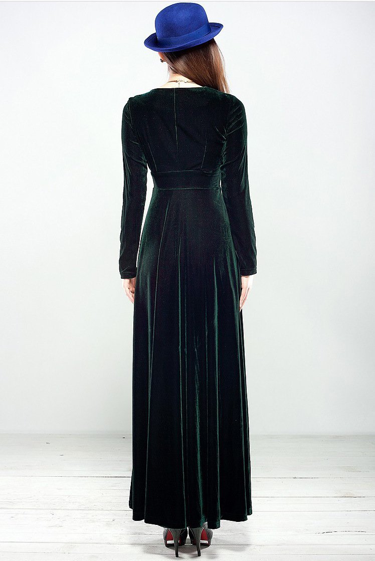 Velvet V Neck Long Sleeve High Waist Maxi Dress