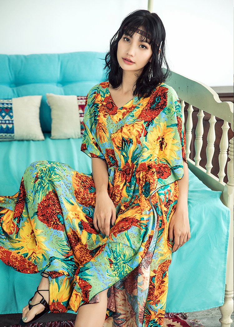 Boho Batwing Sleeves Sunflower Printed Maxi Dress