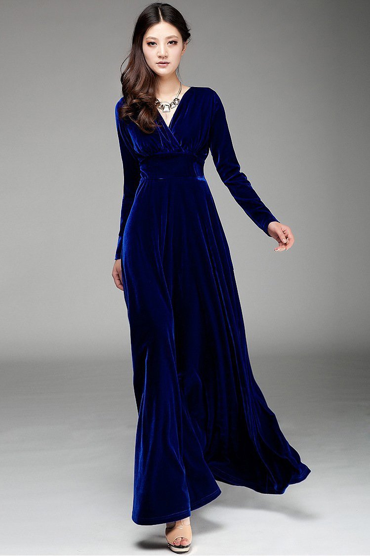 Velvet V Neck Long Sleeve High Waist Maxi Dress