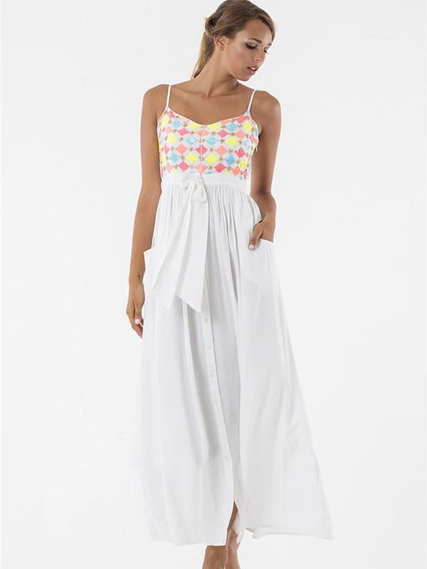 Pretty Sexy Straps V Neck Waisted Lace-Up Beach Vacation Maxi Dress