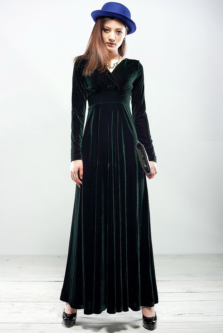 Velvet V Neck Long Sleeve High Waist Maxi Dress