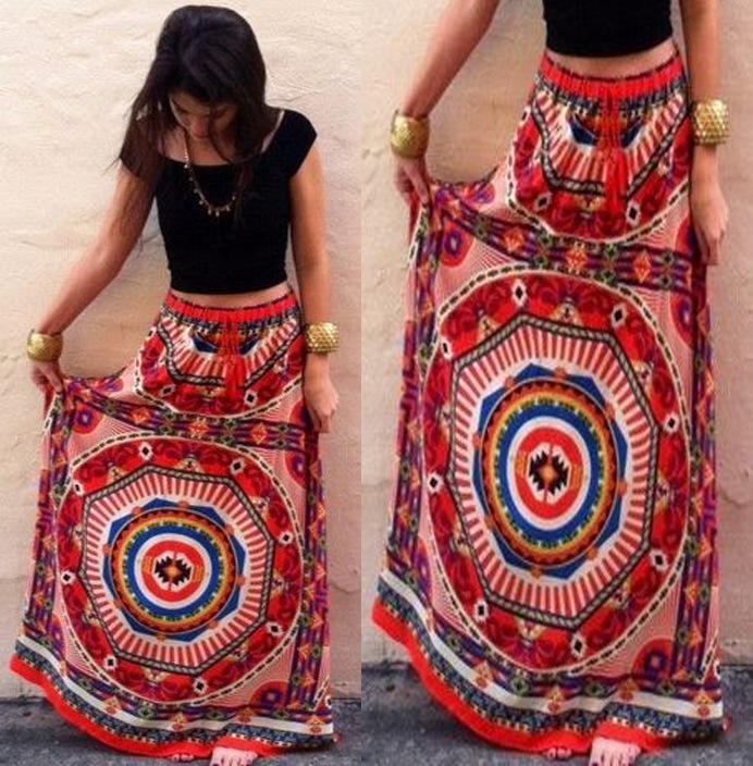 Red Boho Gypsy Floral Printed beach Skirt