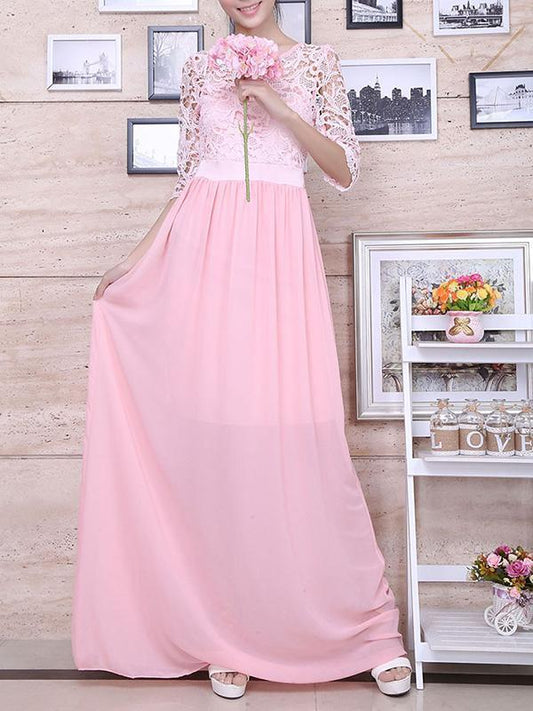 Fashion Lace Half Sleeve Round Neck Maxi Dress