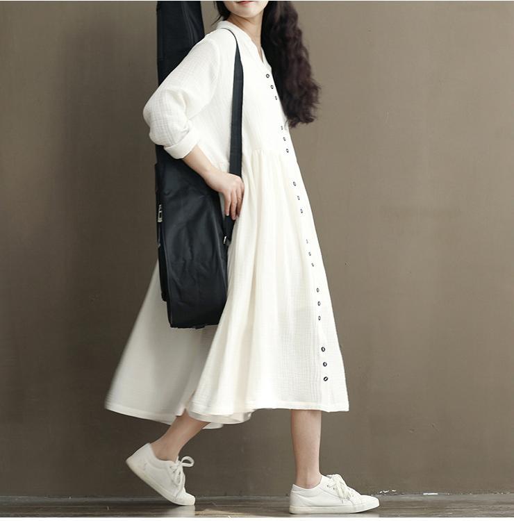 Vintage Button Linen Cotton Long Sleeve Midi Dress