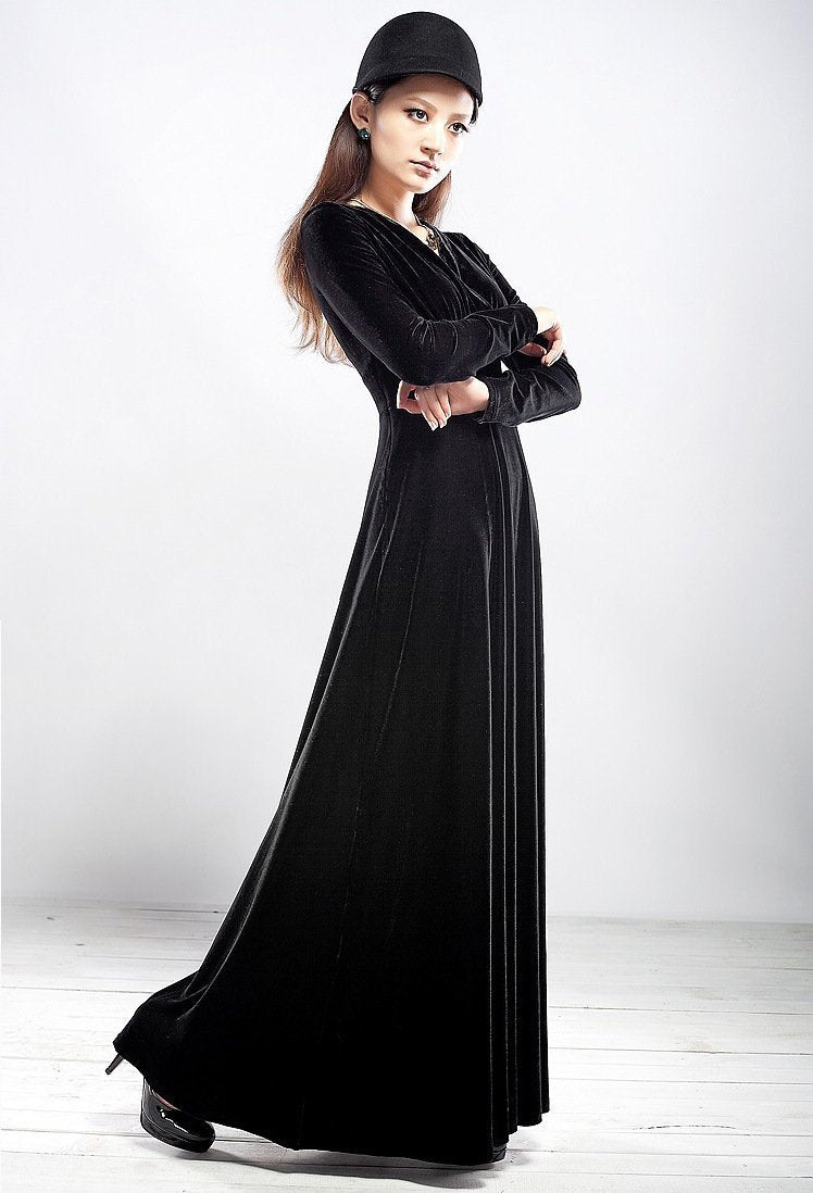 Velvet V Neck Long Sleeve High Waist Maxi Dress