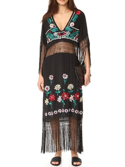 Pretty Sexy Inwrought Hollow V Neck Lace-Up Tassels Half Sleeve Midi Dress