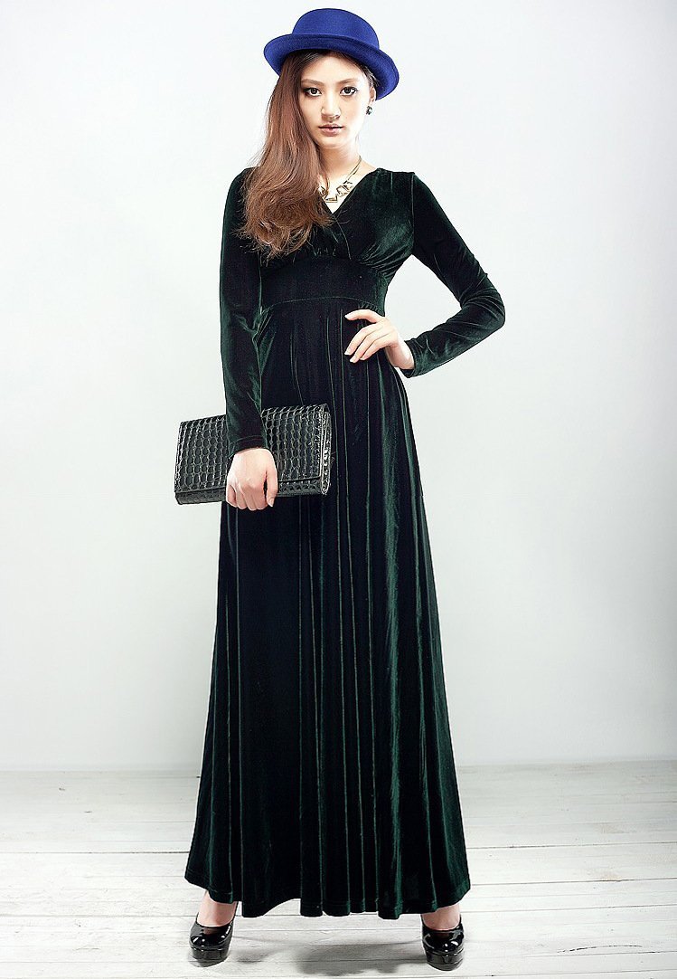 Velvet V Neck Long Sleeve High Waist Maxi Dress