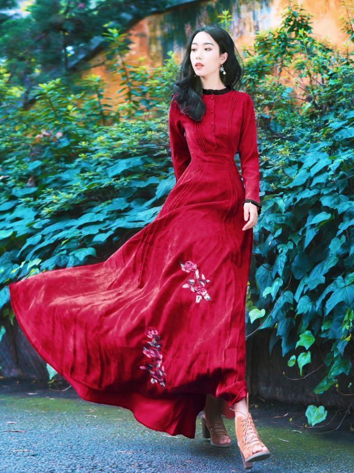 Red Vintage Embroidered Maxi Dress