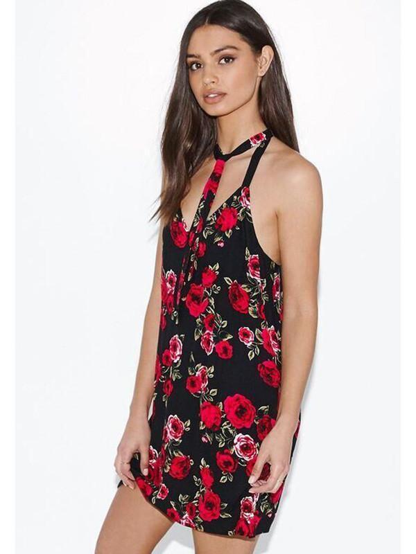 Sexy Floral Spaghetti Straps Halter Bohemia Beach Mini Dress