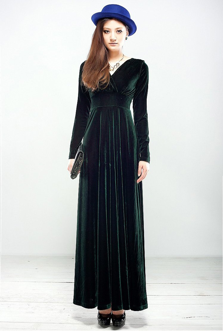 Velvet V Neck Long Sleeve High Waist Maxi Dress