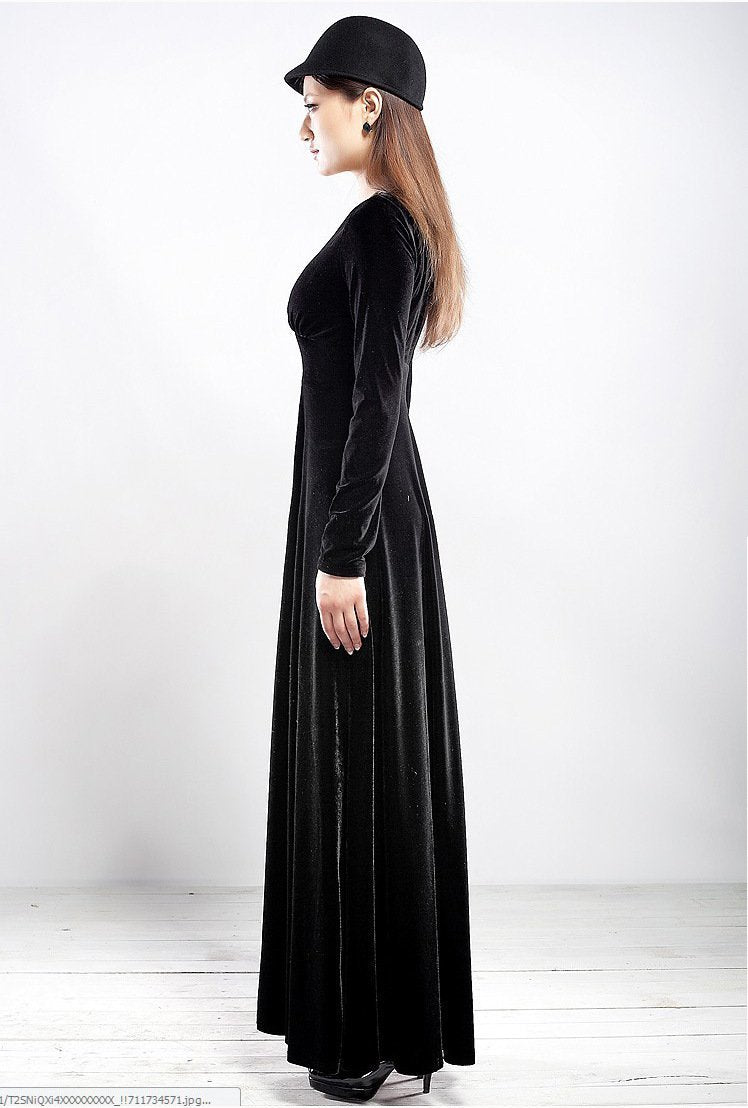 Velvet V Neck Long Sleeve High Waist Maxi Dress