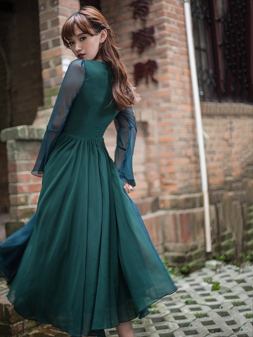 Vintage Solid Color Midi Dress