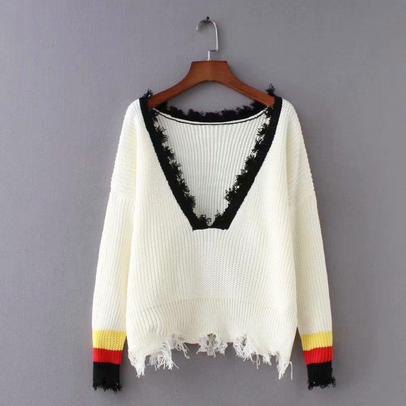 Solid Color Long Sleeve Deep V Neck Tassels Sweater