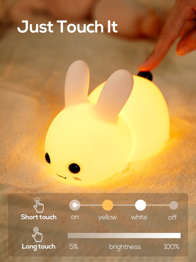 Touch Rabbit Night Lights Silicone Dimmable USB Rechargeable Lamps for Children Baby Gifts Cartoon Cute Animal Bunny Night Lamp