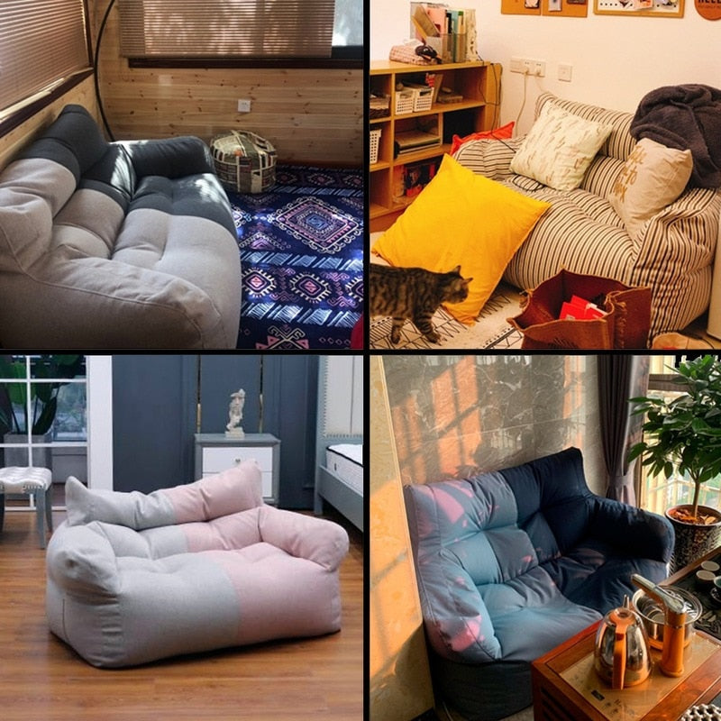 Two-seat Sofa Cover Giant Bean Bag Sofa Chair Cover No Filler Cotton Linen Lazy Sofa Couch Recliner Floor Seat Tatami