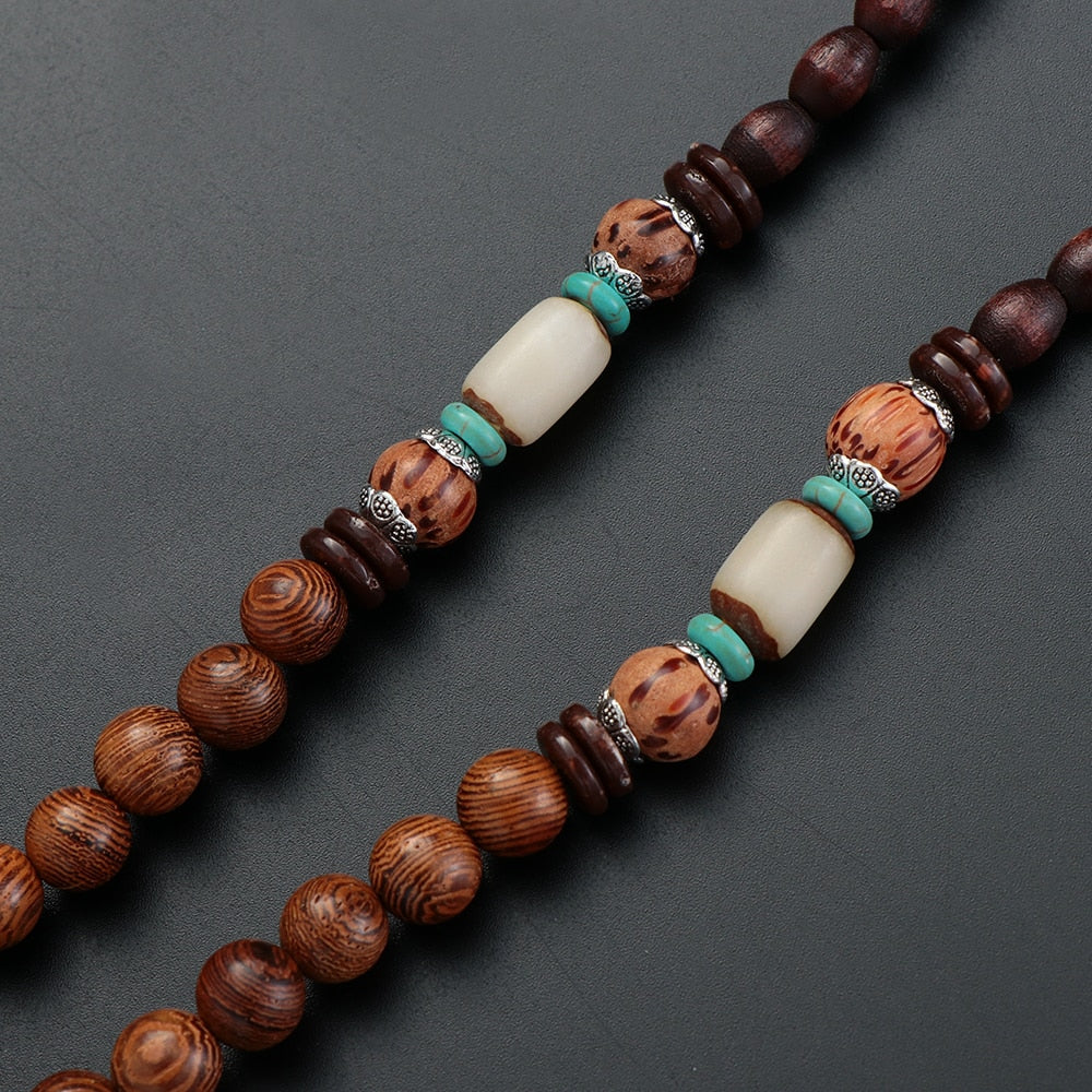 Unisex Handmade Necklace Nepal Buddhist Mala Wood Beads Pendant & Necklace Ethnic Fish Horn Long Statement Men Women's Jewelry