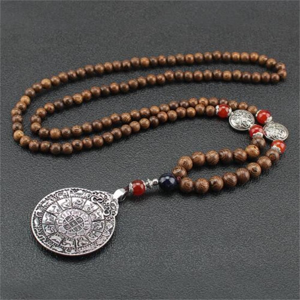 Unisex Handmade Necklace Nepal Buddhist Mala Wood Beads Pendant & Necklace Ethnic Fish Horn Long Statement Men Women's Jewelry