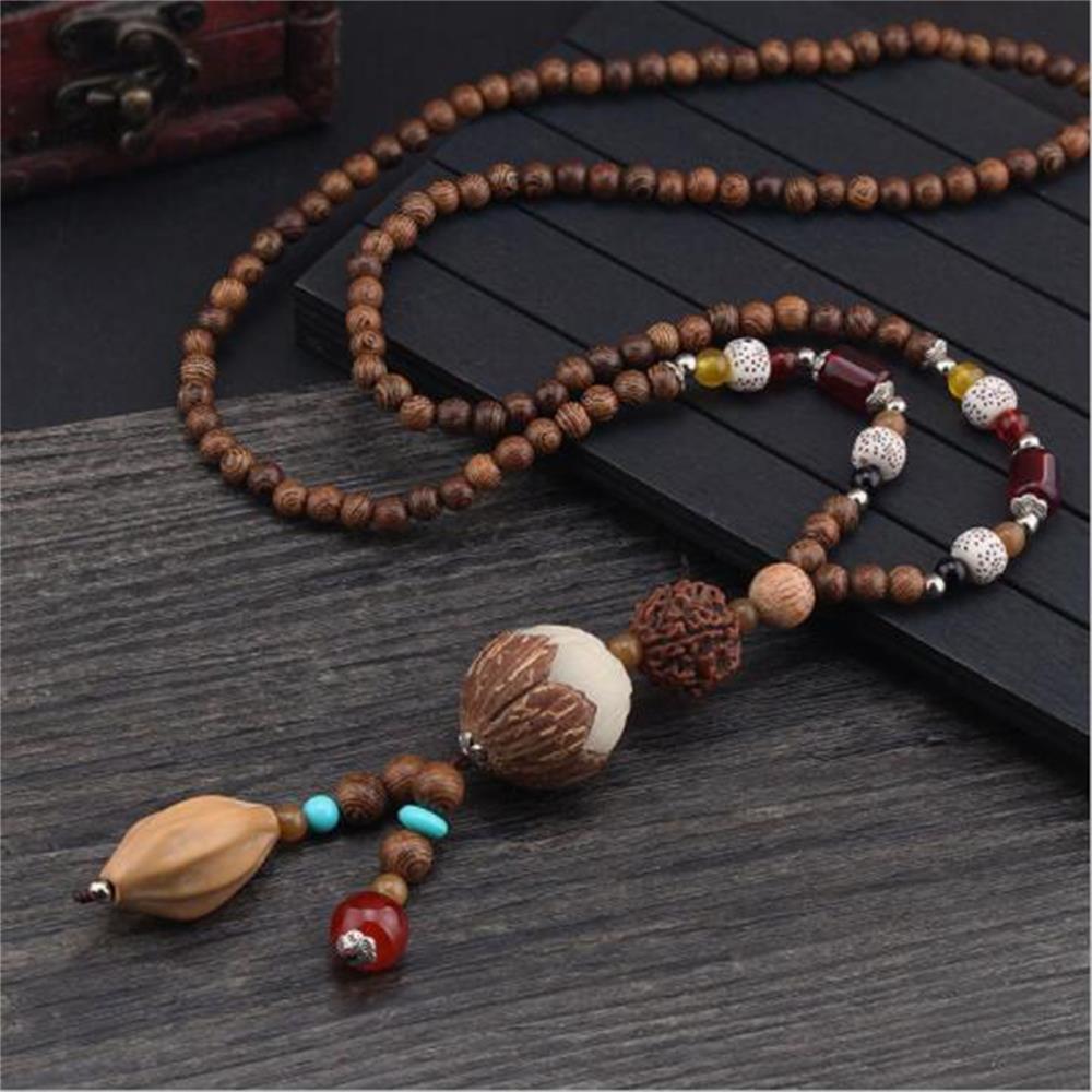 Unisex Handmade Necklace Nepal Buddhist Mala Wood Beads Pendant & Necklace Ethnic Fish Horn Long Statement Men Women's Jewelry