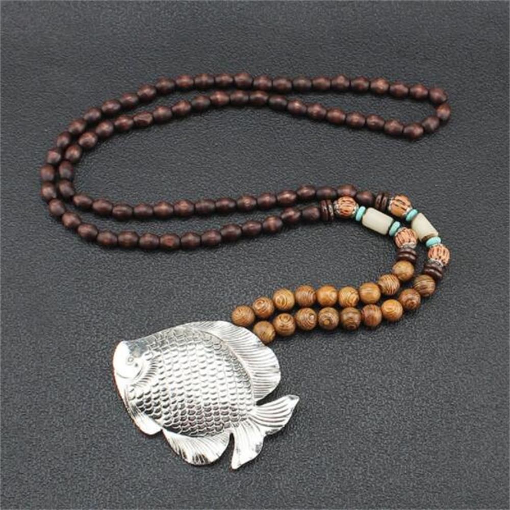 Unisex Handmade Necklace Nepal Buddhist Mala Wood Beads Pendant & Necklace Ethnic Fish Horn Long Statement Men Women's Jewelry