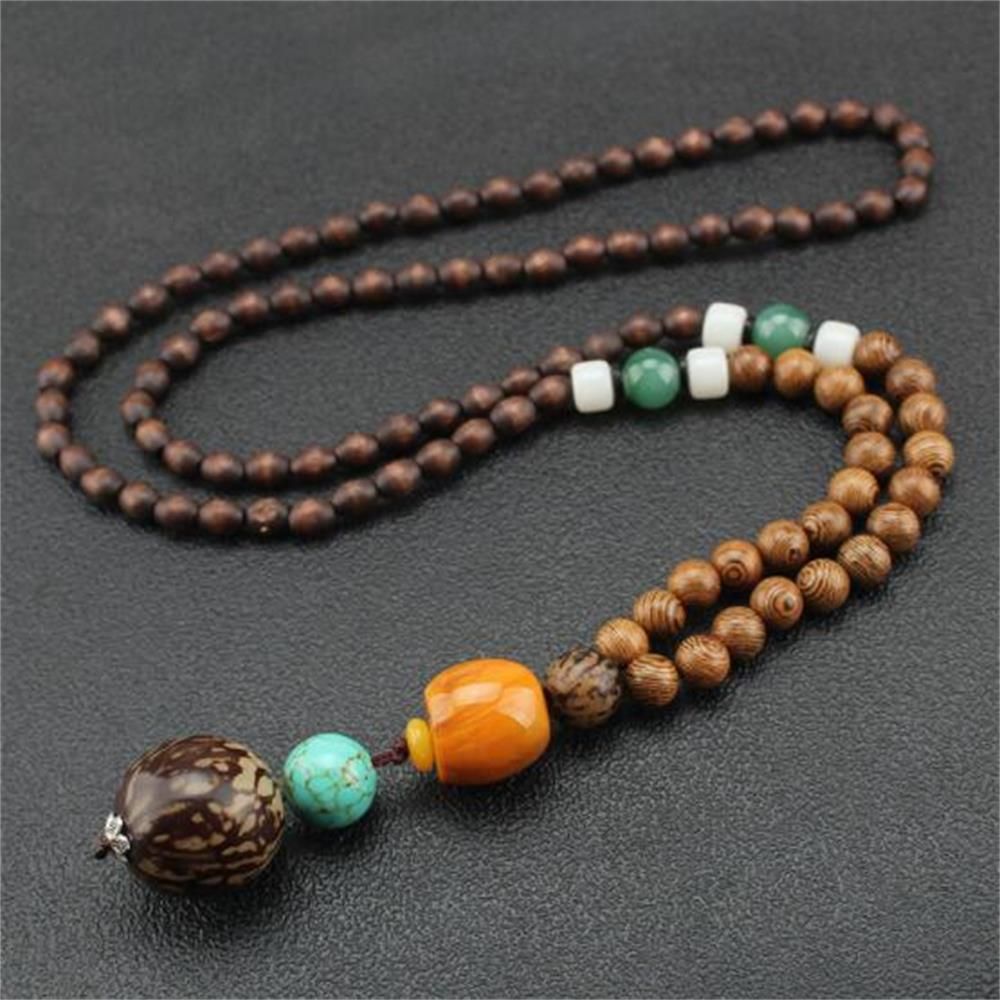 Unisex Handmade Necklace Nepal Buddhist Mala Wood Beads Pendant & Necklace Ethnic Fish Horn Long Statement Men Women's Jewelry