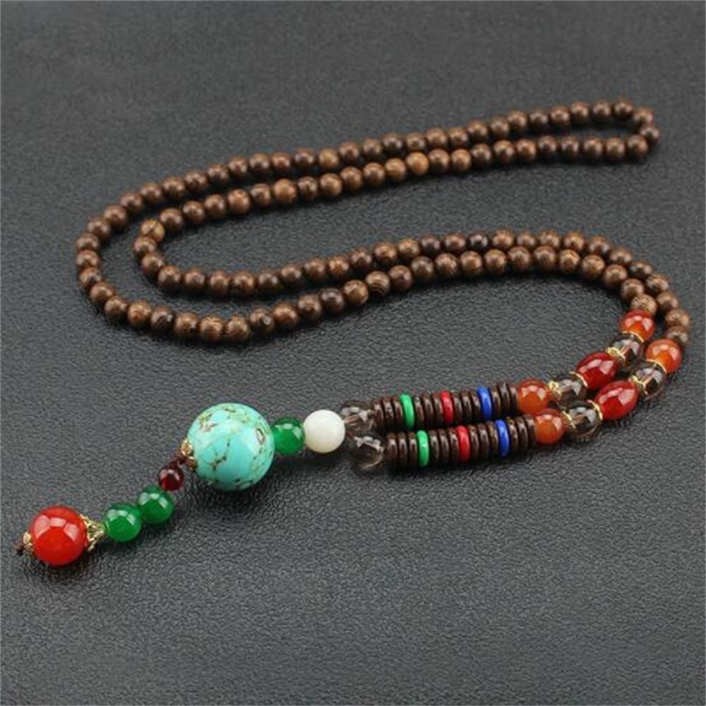 Unisex Handmade Necklace Nepal Buddhist Mala Wood Beads Pendant & Necklace Ethnic Fish Horn Long Statement Men Women's Jewelry