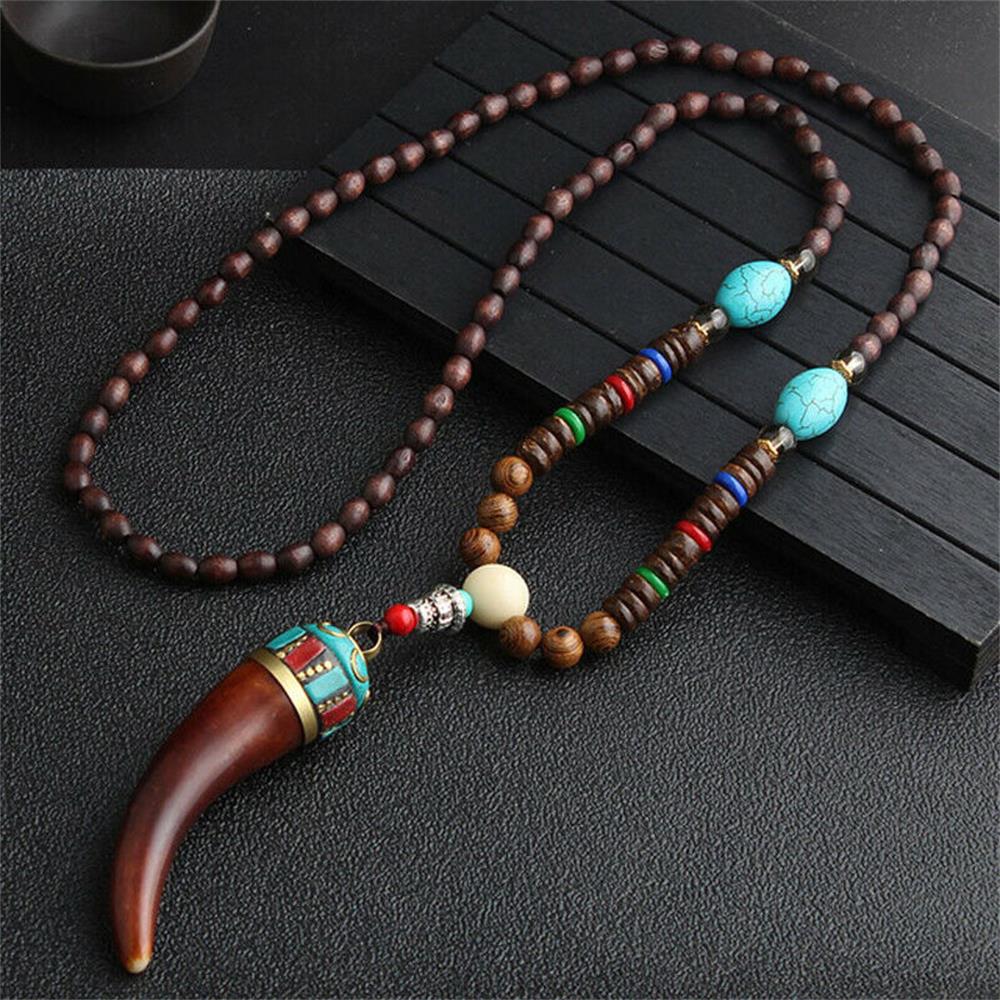 Unisex Handmade Necklace Nepal Buddhist Mala Wood Beads Pendant & Necklace Ethnic Fish Horn Long Statement Men Women's Jewelry