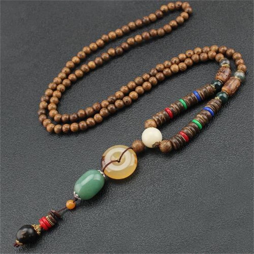 Unisex Handmade Necklace Nepal Buddhist Mala Wood Beads Pendant & Necklace Ethnic Fish Horn Long Statement Men Women's Jewelry