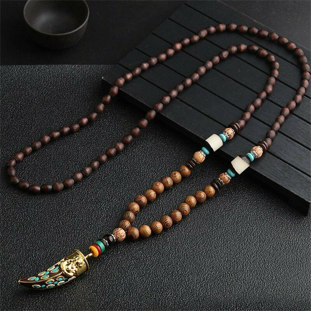 Unisex Handmade Necklace Nepal Buddhist Mala Wood Beads Pendant & Necklace Ethnic Fish Horn Long Statement Men Women's Jewelry