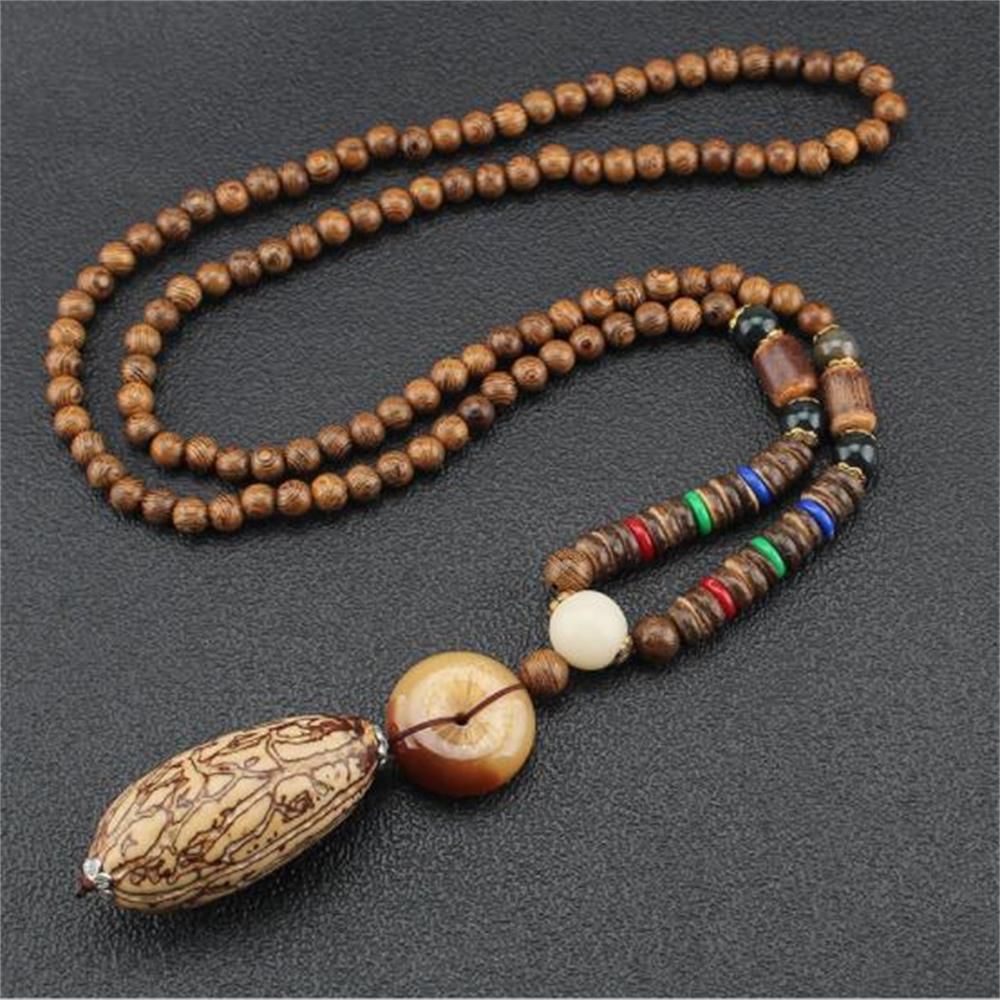 Unisex Handmade Necklace Nepal Buddhist Mala Wood Beads Pendant & Necklace Ethnic Fish Horn Long Statement Men Women's Jewelry