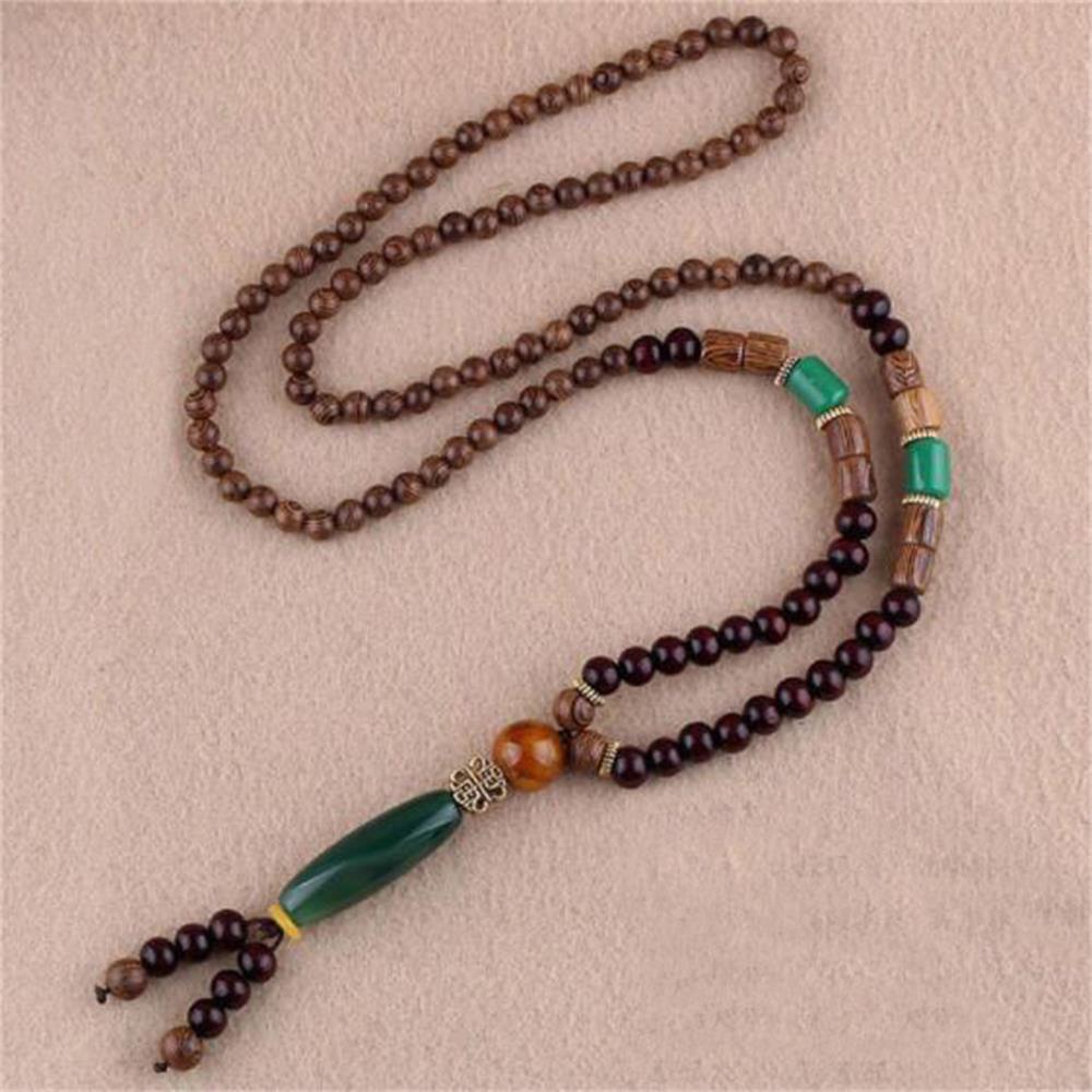 Unisex Handmade Necklace Nepal Buddhist Mala Wood Beads Pendant & Necklace Ethnic Fish Horn Long Statement Men Women's Jewelry