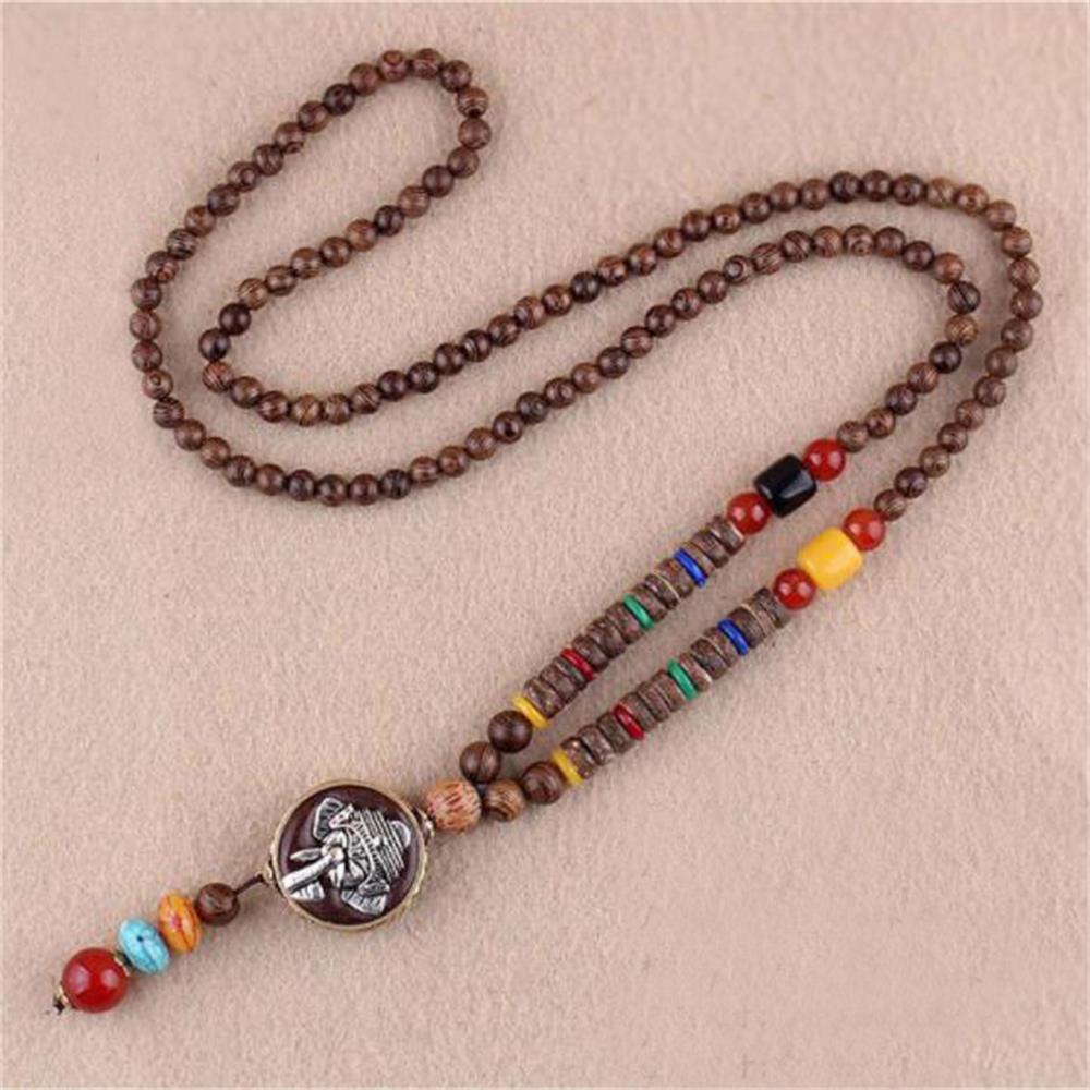 Unisex Handmade Necklace Nepal Buddhist Mala Wood Beads Pendant & Necklace Ethnic Fish Horn Long Statement Men Women's Jewelry