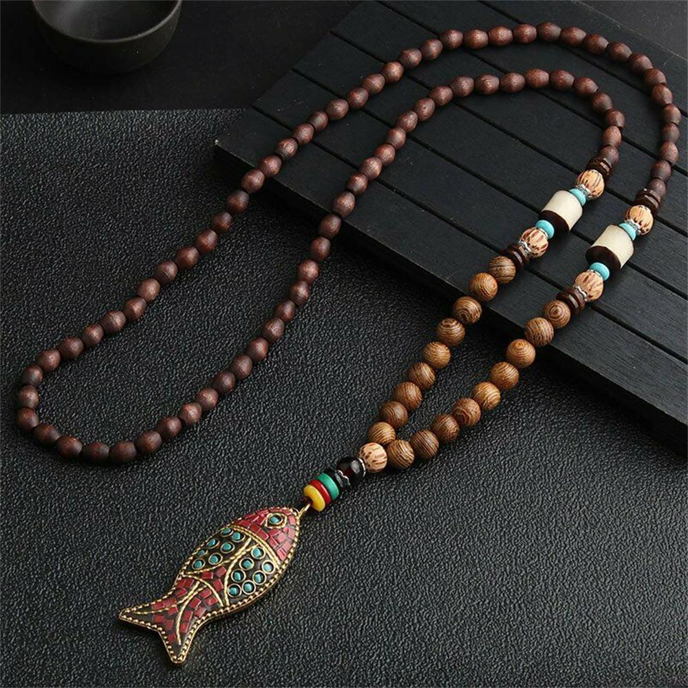 Unisex Handmade Necklace Nepal Buddhist Mala Wood Beads Pendant & Necklace Ethnic Fish Horn Long Statement Men Women's Jewelry