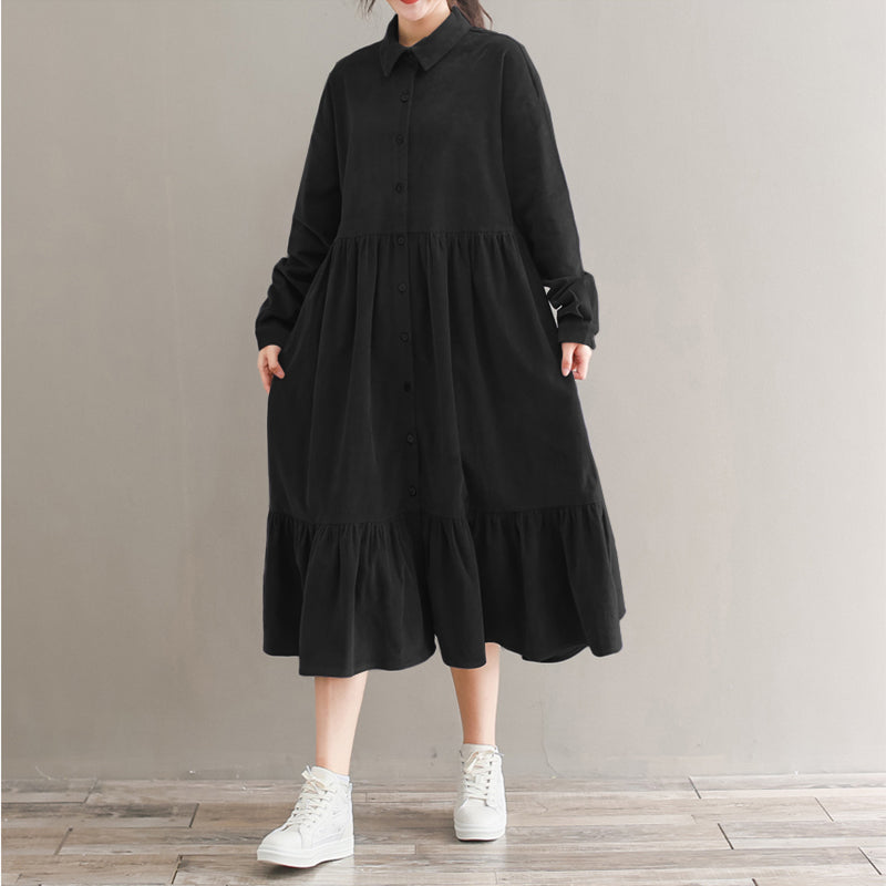 Vintage Corduroy Shirt  Dress Women Sundress  Spring Casual Long Sleeve Ruffle Vestidos Female Button Midi Robe