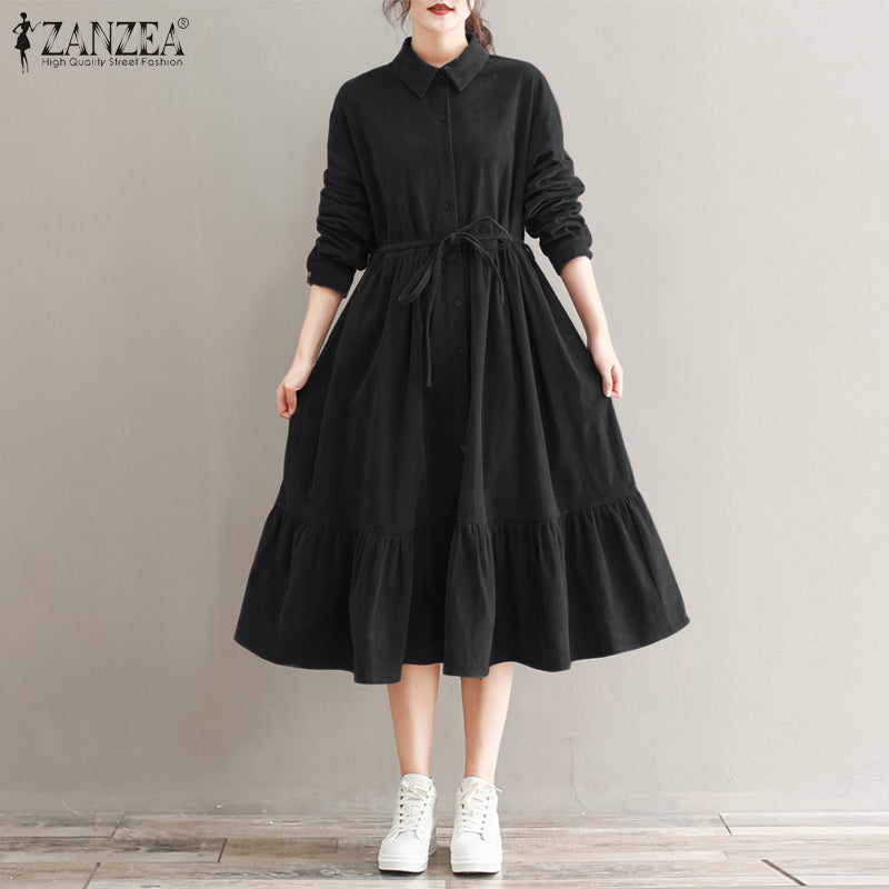 Vintage Corduroy Shirt  Dress Women Sundress  Spring Casual Long Sleeve Ruffle Vestidos Female Button Midi Robe