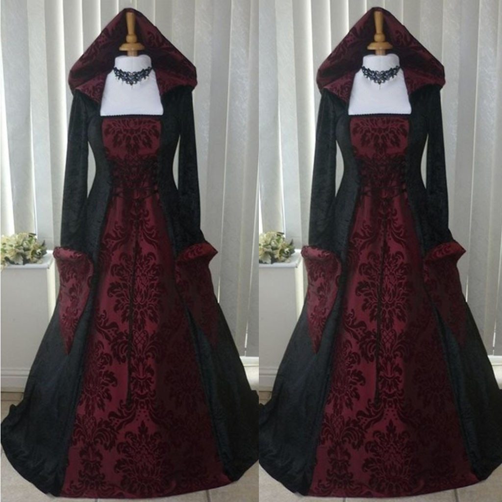 Vintage Dress Women Gothic Long Sleeve Hooded Maxi Dress Long Gown Party Dresses Loose Square Collar robe femme Plus Size