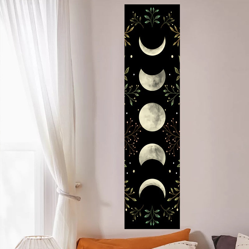 Vintage Moon Phase Wall Hanging Tapestry Mooonlight Green Olive Leaf Black Tapestries Boho Room Wall Decor Home Decoration Wall