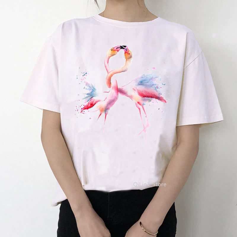 Women Summer Vintage Watercolor Flamingo Animal Printed T-shirt
