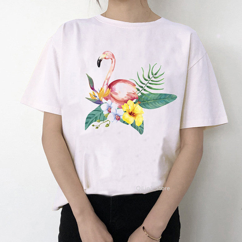 Women Summer Vintage Watercolor Flamingo Animal Printed T-shirt