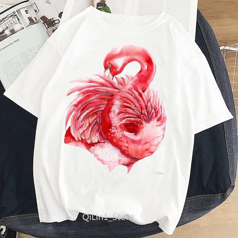Women Summer Vintage Watercolor Flamingo Animal Printed T-shirt