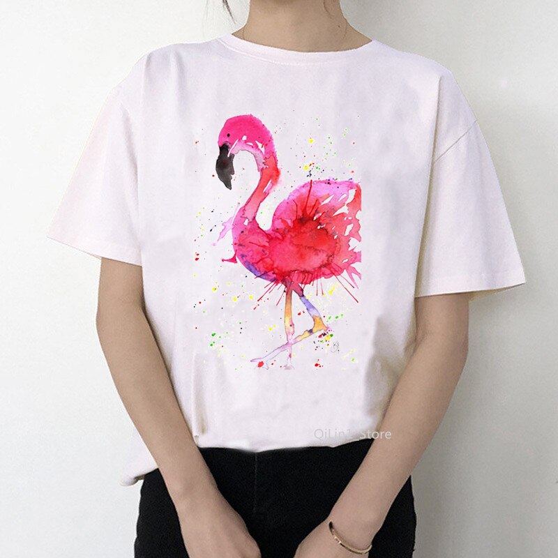 Women Summer Vintage Watercolor Flamingo Animal Printed T-shirt