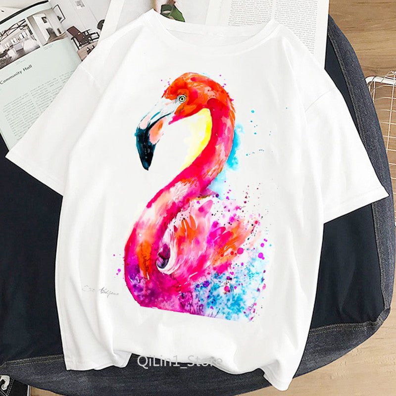 Women Summer Vintage Watercolor Flamingo Animal Printed T-shirt