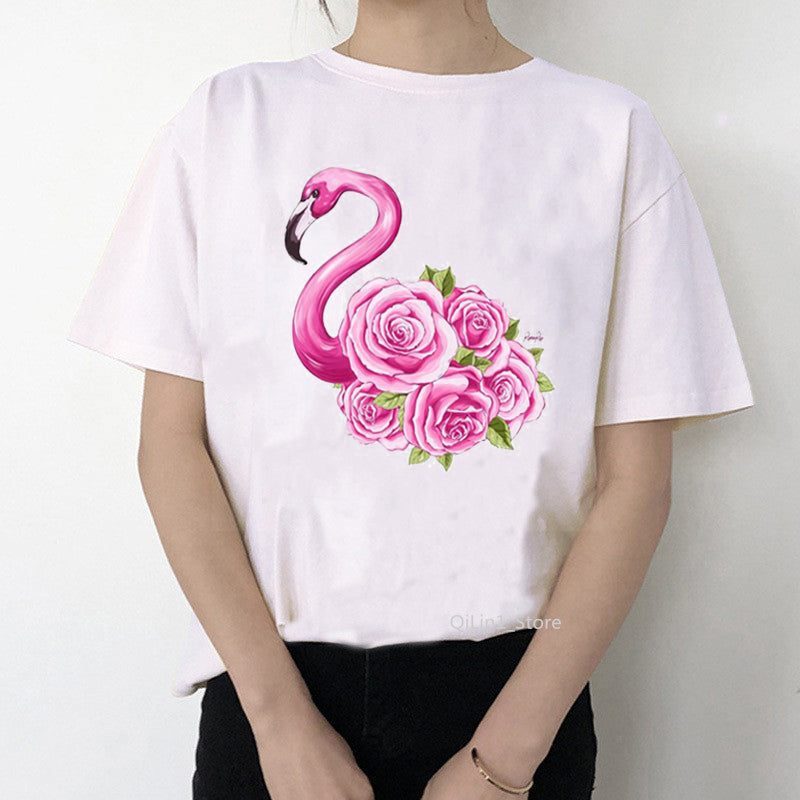 Women Summer Vintage Watercolor Flamingo Animal Printed T-shirt