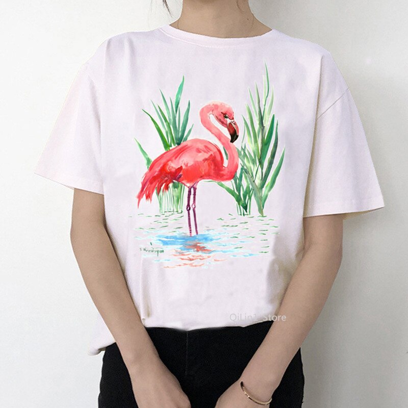 Women Summer Vintage Watercolor Flamingo Animal Printed T-shirt