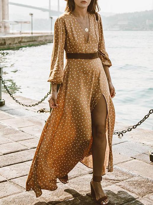 Pretty Bohemia Polka-dot Long Sleeve V Neck Maxi Dress