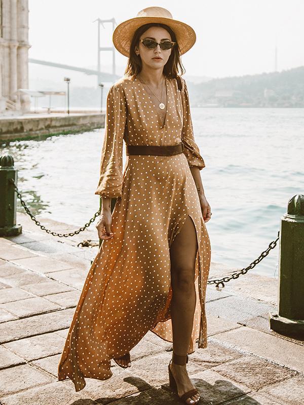 Pretty Bohemia Polka-dot Long Sleeve V Neck Maxi Dress